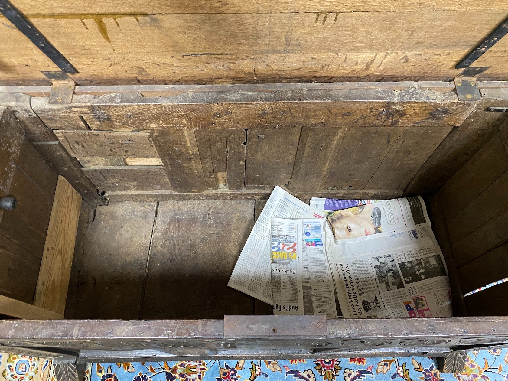 A 17th century oak coffer, altered, width 128cm, depth 59cm, height 69cm